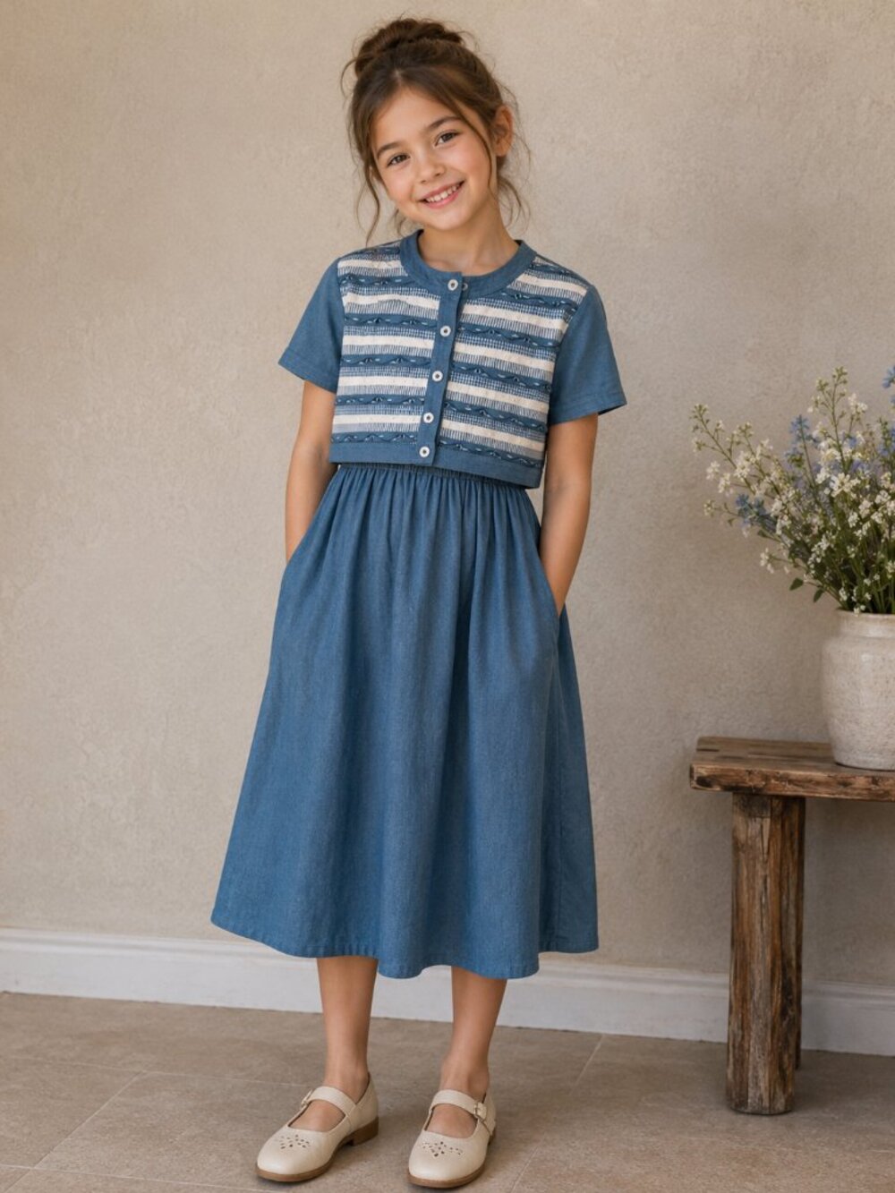 Vintage Cottagecore Denim Dress Set Girls Size 12 Aesthetic Smocked Midi Country